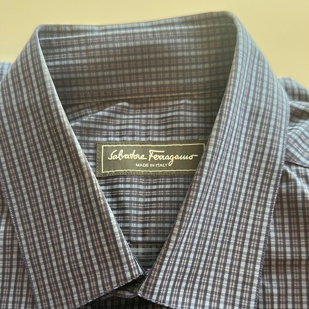 Salvatore Ferragamo Blue Dress Shirt with Classic Checkered Pattern. Like new.